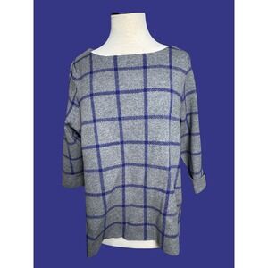 Cynthia Rowley Woman Gray Blue Windowpane Plaid Knit Sweater Top 1X Boat Neck